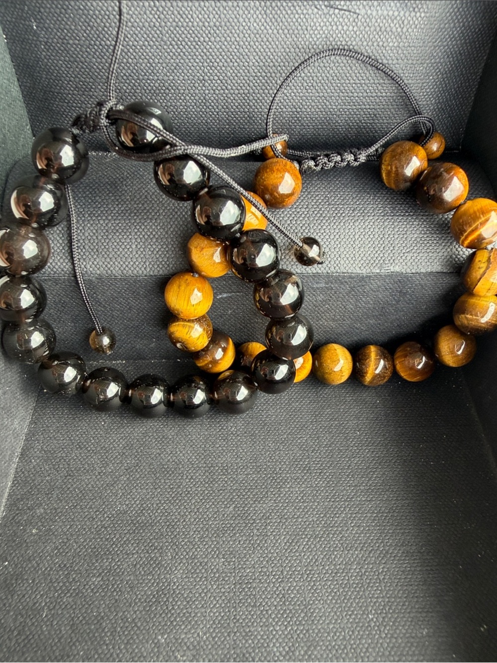 Tiger Eye and Black Beaded Adjustable Bracelets - Set of 2